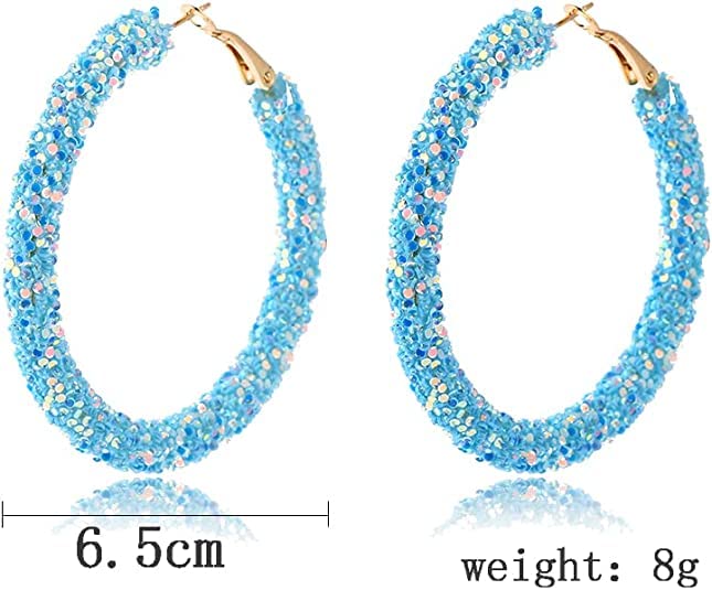 Bohemian Rhinestone Shiny Glitter Sequins Round Hoop Earrings Multicolor Wrapped Gold Plated Circle Beaded Dangle Drop Earrings for Women Statement Jewelry -pink