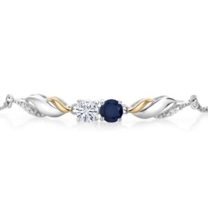 Gem Stone King 925 Sterling Silver and 10K Yellow Gold Round Blue Sapphire White Moissanite and Lab Grown Diamond Tennis Bracelet For Women (1.12 Cttw, Fully Adjustable Up to 9 Inch)