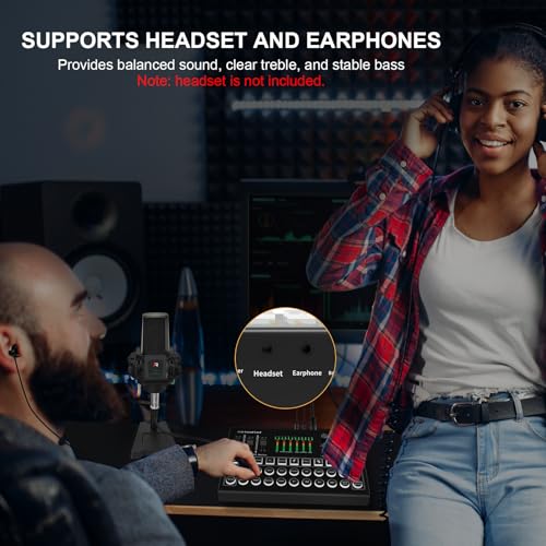 RHM Podcast Equipment Bundle, All-in-One Audio Interface DJ Mixer with Microphone, Stand, Monitor Earphone, Audio Mixer With Sound card for PC/Laptop/Phone, Streaming/Podcasting/Gaming