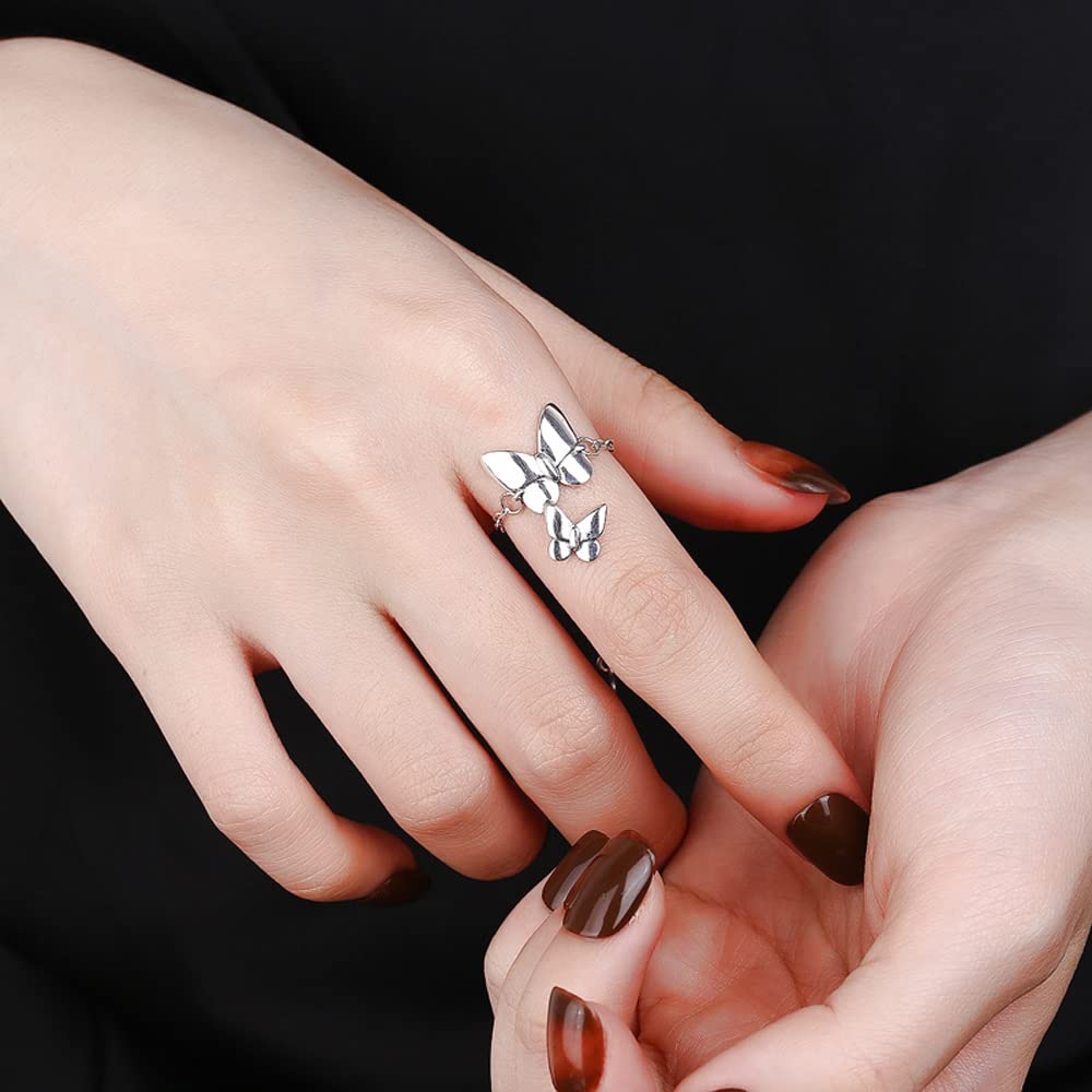 S925 Sterling Silver Women's Temperament Lady Butterfly Chain Stitching Light Luxury Adjustable Ring