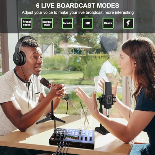 RHM Podcast Equipment Bundle, All-in-One Audio Interface DJ Mixer with Microphone, Stand, Monitor Earphone, Audio Mixer With Sound card for PC/Laptop/Phone, Streaming/Podcasting/Gaming