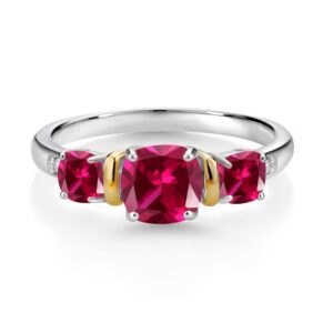 Gem Stone King 925 Sterling Silver and 10K Yellow Gold Red Created Ruby and Diamond 3-Stone Ring For Women (1.75 Cttw, Cushion 6MM and 4MM, Available In Size 5, 6, 7, 8, 9)