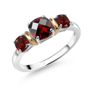 gem stone king 1.83 ct cushion checkerboard red garnet 925 silver and 10k yellow gold diamond 3-stone ring (size 7)