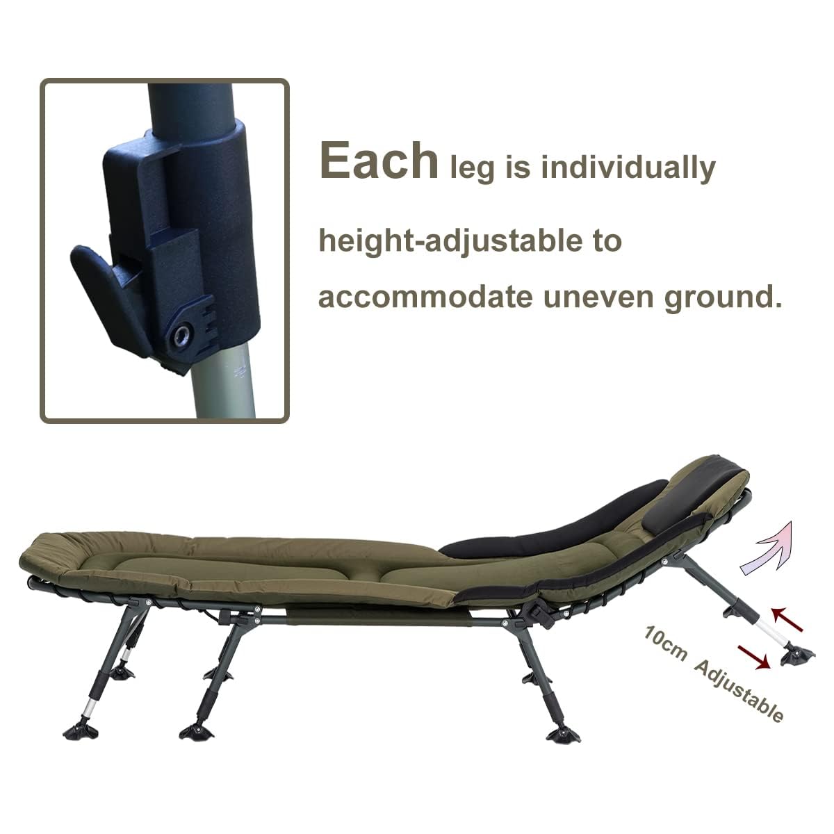 YOUGYM XXL Camping Cots for Adults 330Lbs with Carry Bag, Heavy Duty Folding Bed with Soft Padded Cushion, Portable Military Cot for Hunting, 180° Adjustable Reclining Outdoor Lounger