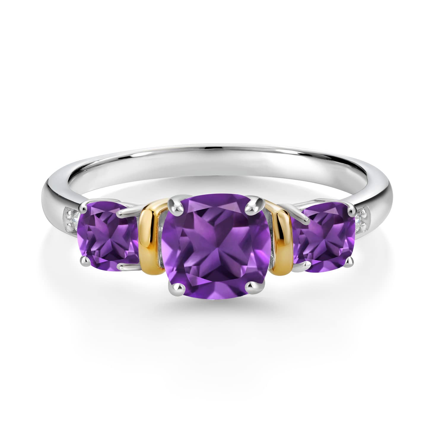 Gem Stone King 925 Silver and 10K Yellow Gold Cushion Purple Amethyst and Diamond 3-Stone Women Ring (1.57 Cttw, Gemstone Birthstone, Available In Size 5, 6, 7, 8, 9)