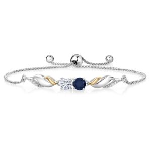 gem stone king 925 sterling silver and 10k yellow gold round blue sapphire white moissanite and lab grown diamond tennis bracelet for women (1.12 cttw, fully adjustable up to 9 inch)