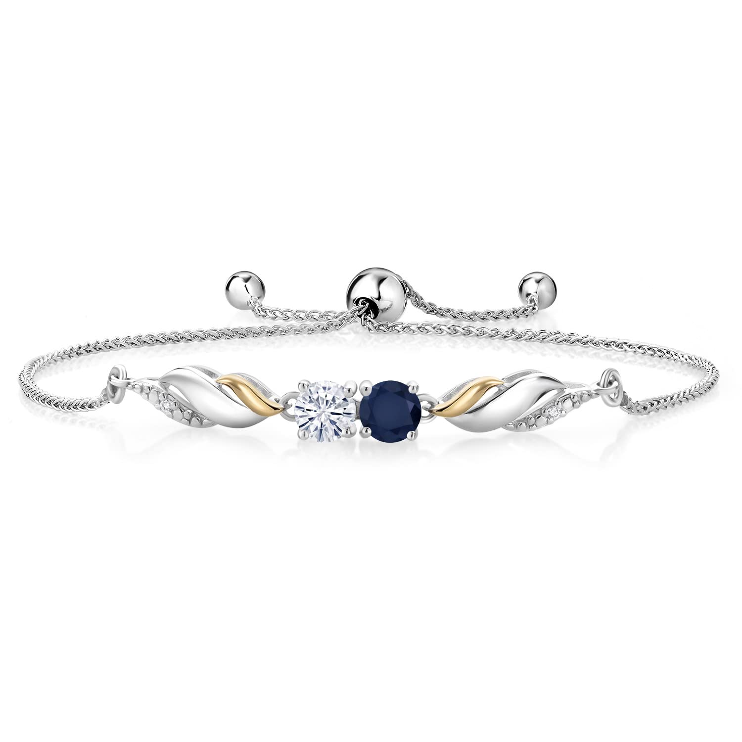 Gem Stone King 925 Sterling Silver and 10K Yellow Gold Round Blue Sapphire White Moissanite and Lab Grown Diamond Tennis Bracelet For Women (1.12 Cttw, Fully Adjustable Up to 9 Inch)