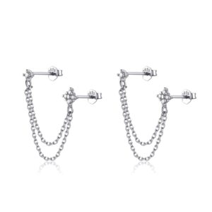 Lansora Double Piercing Earrings Silver Gold Cz Cubic Zirconia Stone Chain Link Dangle Stud Earrings