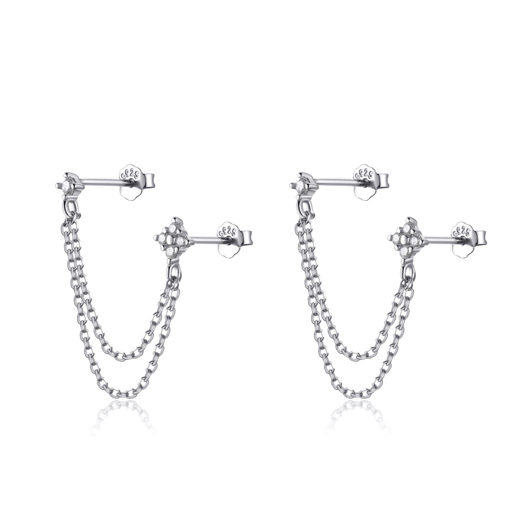 Lansora Double Piercing Earrings Silver Gold Cz Cubic Zirconia Stone Chain Link Dangle Stud Earrings