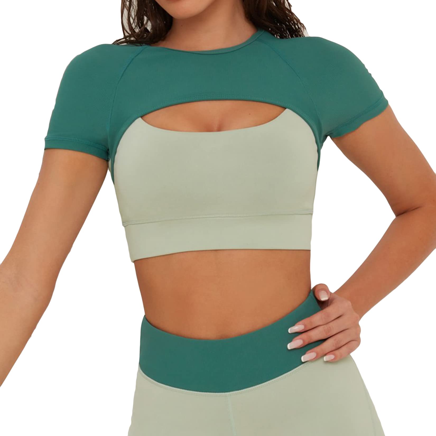 Lu's Chic Women's Crop Tops with Built-in Bra Short Sleeve Workout T Shirt Padded Tshirt Sports Fitness Active Yoga Athletic Crew Neck Padded Hollow Out Tight Tee Gym Green Medium