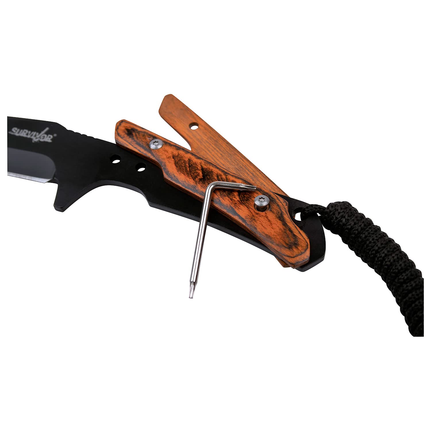 Survivor - Fixed Blade Knife - Black Stainless Steel Blade, Full Tang, Removable Brown Wood Handle Scale with Paracord, Nylon Sheath and Tork Screw Tool- Hunting, Camping, Survival - SV-FIX018BK