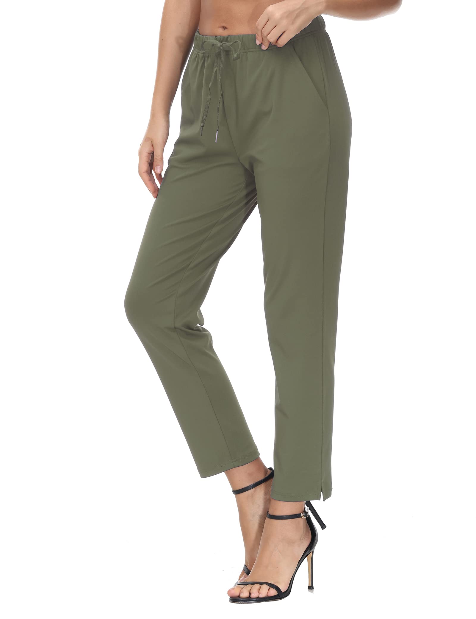 COZZIPLUS Womens Ankle Pant Travel Casual Lounge Pants Stretchy Golf Trousers Pant Business Work Pant with Pockets (Army Green,S)