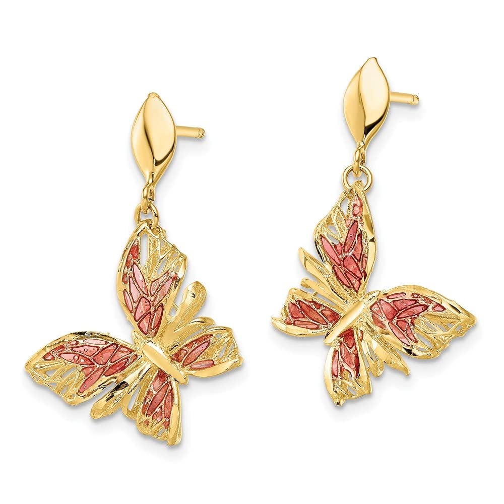 Diamond2Deal 14k Yellow Gold Polished Diamond Cut Pink Enamel Butterfly Dangle Earrings (L- 1.1 in, W- 0.73 in)