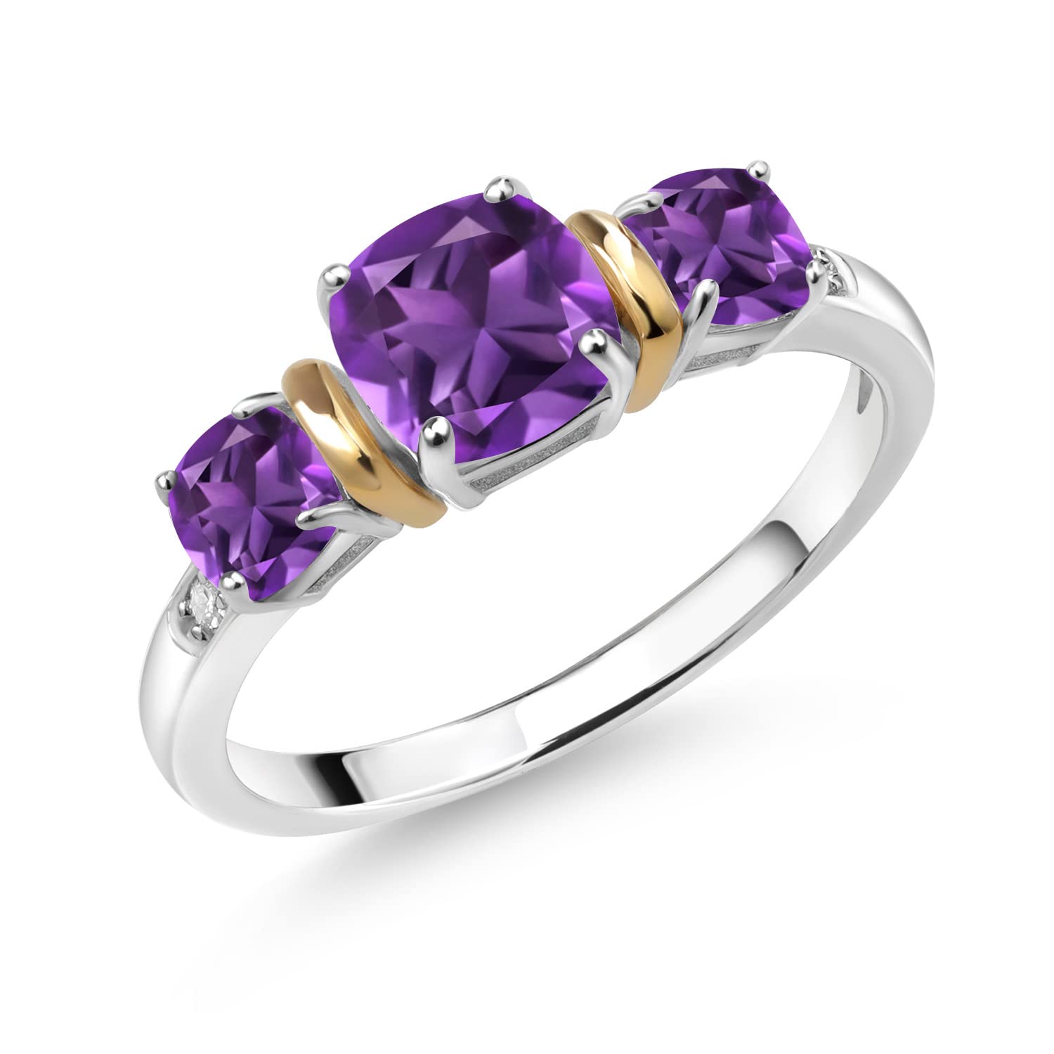 Gem Stone King 925 Silver and 10K Yellow Gold Cushion Purple Amethyst and Diamond 3-Stone Women Ring (1.57 Cttw, Gemstone Birthstone, Available In Size 5, 6, 7, 8, 9)