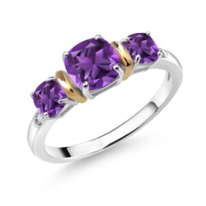 Gem Stone King 925 Silver and 10K Yellow Gold Cushion Purple Amethyst and Diamond 3-Stone Women Ring (1.57 Cttw, Gemstone Birthstone, Available In Size 5, 6, 7, 8, 9)