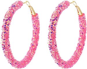 bohemian rhinestone shiny glitter sequins round hoop earrings multicolor wrapped gold plated circle beaded dangle drop earrings for women statement jewelry -pink