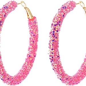 Bohemian Rhinestone Shiny Glitter Sequins Round Hoop Earrings Multicolor Wrapped Gold Plated Circle Beaded Dangle Drop Earrings for Women Statement Jewelry -pink