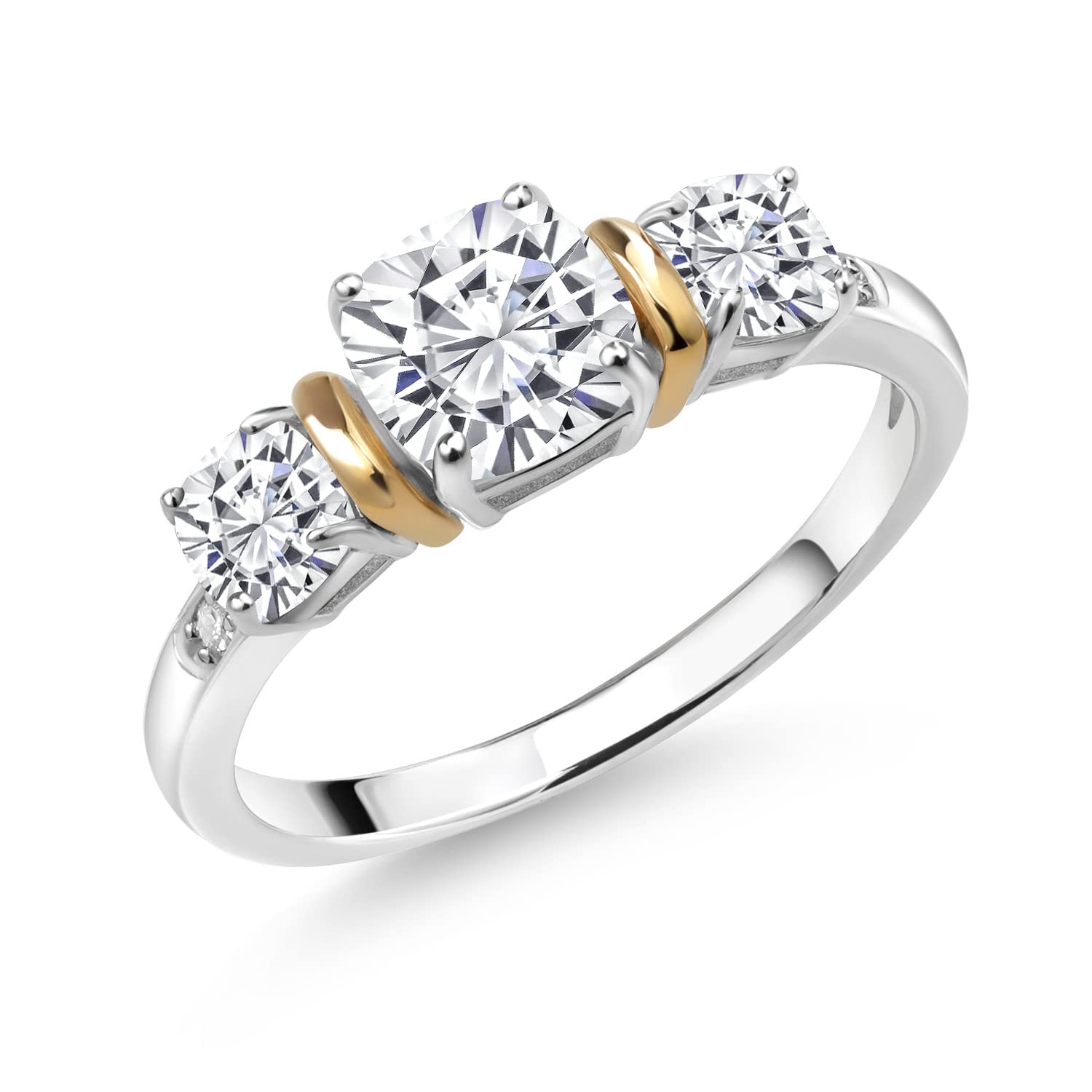 Gem Stone King 925 Sterling Silver and 10K Yellow Gold White Moissanite and White Diamond 3-Stone Engagement Ring For Women (1.76 Cttw, Available In Size 5, 6, 7, 8, 9)