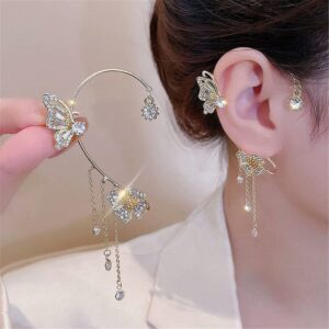 Butterfly Tassel Style Zircon Earrings Shiny Ear Cuff Earrings for Women Non Piercing Butterfly Flower Tassel Wrap-Around Clip-On Earrings Crystals Earrings Set for Women 2pcs/set (Gold)