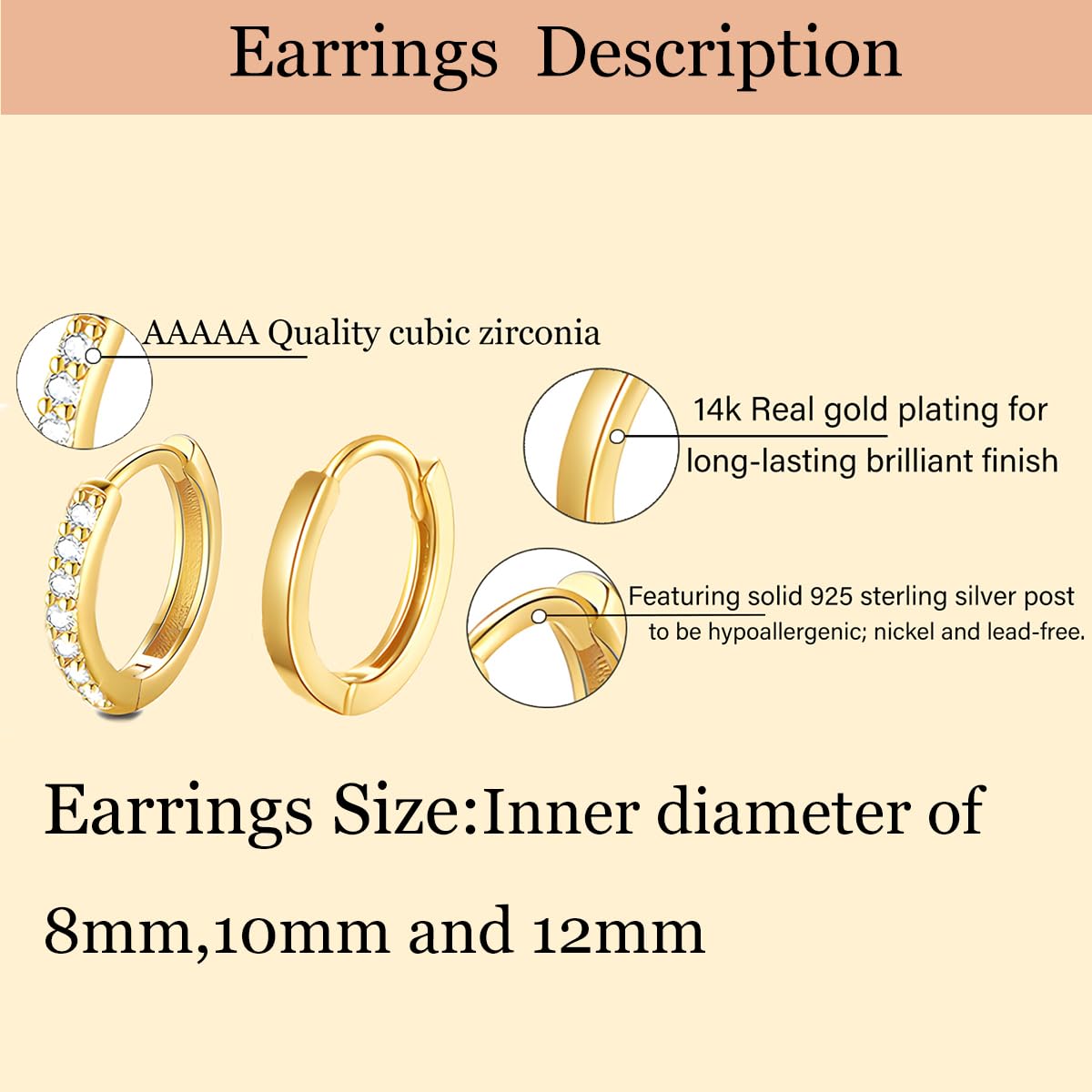 Cocadant Small Gold Hoop Earrings for Women,14K Real Gold Plated Huggie Hoop Earrings Hypoallergenic Tiny Cartilage Earring Sets for Multiple Piercing 8mm 10mm 12mm