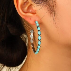 Natural Turquoise Dangle Metal Large Oval Earrings Western Vintage Statement Teardrop Earrings Bohemian Delicate Cowgirl Hoop Earrings for Women-F