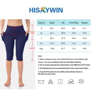 HISKYWIN Women's Knee Length Leggings Capris High Waisted Yoga Workout Exercise Casual Summer Shorts with Pockets HF850-Indigo Blue-M