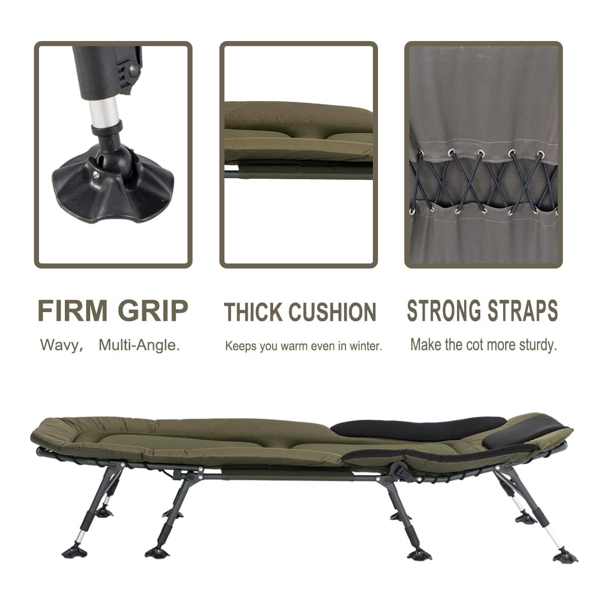 YOUGYM XXL Camping Cots for Adults 330Lbs with Carry Bag, Heavy Duty Folding Bed with Soft Padded Cushion, Portable Military Cot for Hunting, 180° Adjustable Reclining Outdoor Lounger