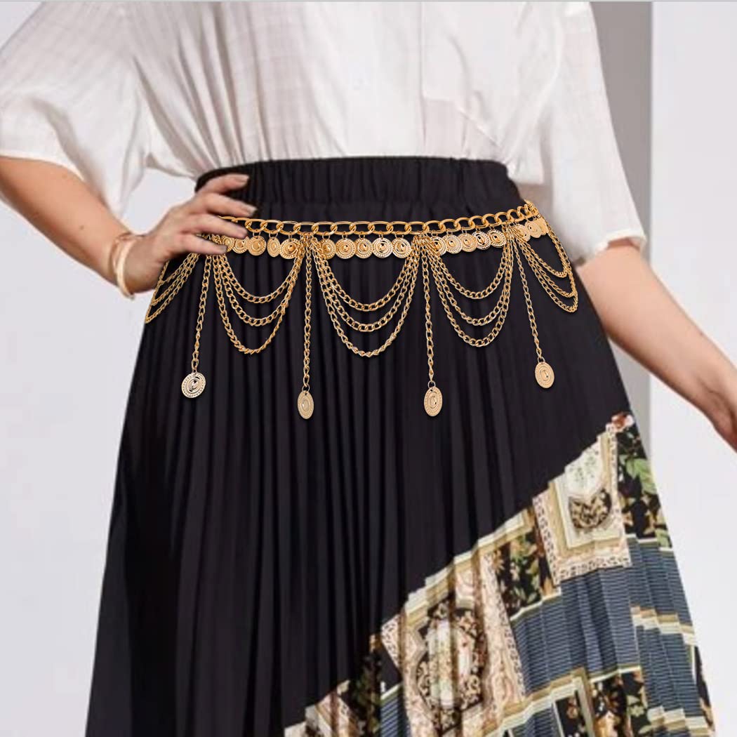 Navoky Tassel Detail Chains Belt Layered Gold Coin Pendant Waist Chain Dress Jewelry Accessories for Women