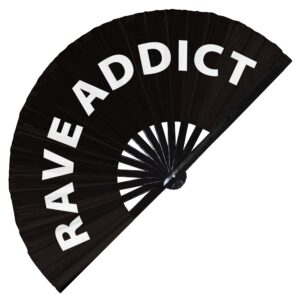 rave addict hand fan foldable bamboo circuit hand fan funny gag slang words expressions statement gifts festival accessories rave handheld circuit event fan clack fans (black)