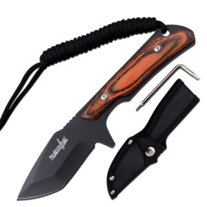 Survivor - Fixed Blade Knife - Black Stainless Steel Blade, Full Tang, Removable Brown Wood Handle Scale with Paracord, Nylon Sheath and Tork Screw Tool- Hunting, Camping, Survival - SV-FIX018BK