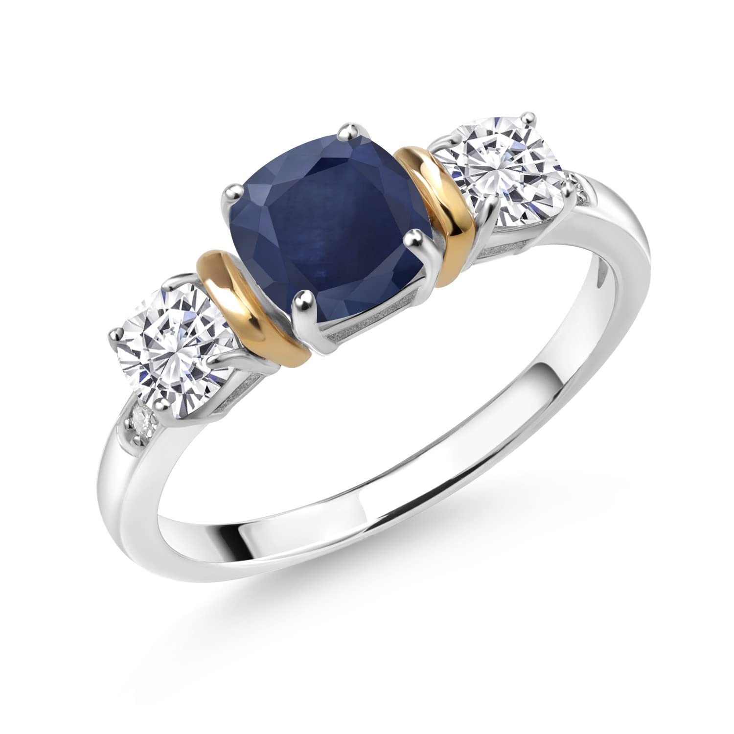 Gem Stone King 925 Sterling Silver and 10K Yellow Gold Blue Sapphire White Moissanite and White Diamond 3-Stone Engagement Ring (1.96 Cttw, Gemstone Birthstone, Available In Size 5, 6, 7, 8, 9)