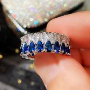 FCHMY Light Luxury Double Row Water Drop Zircon Ring Women's Full Diamond Lovers' Ring,White + Blue Diamond,7