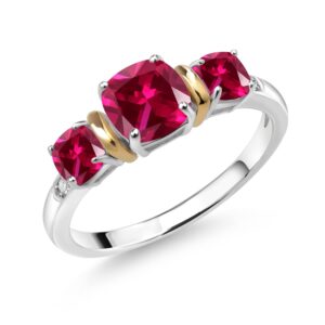 Gem Stone King 925 Sterling Silver and 10K Yellow Gold Red Created Ruby and Diamond 3-Stone Ring For Women (1.75 Cttw, Cushion 6MM and 4MM, Available In Size 5, 6, 7, 8, 9)