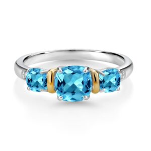 Gem Stone King 925 Sterling Silver and 10K Yellow Gold Cushion Swiss Blue Topaz and Diamond 3-Stone Women Ring (1.90 Cttw, Gemstone Birthstone, Available In Size 5, 6, 7, 8, 9)