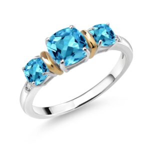 gem stone king 925 sterling silver and 10k yellow gold cushion swiss blue topaz and diamond 3-stone women ring (1.90 cttw, gemstone birthstone, available in size 5, 6, 7, 8, 9)