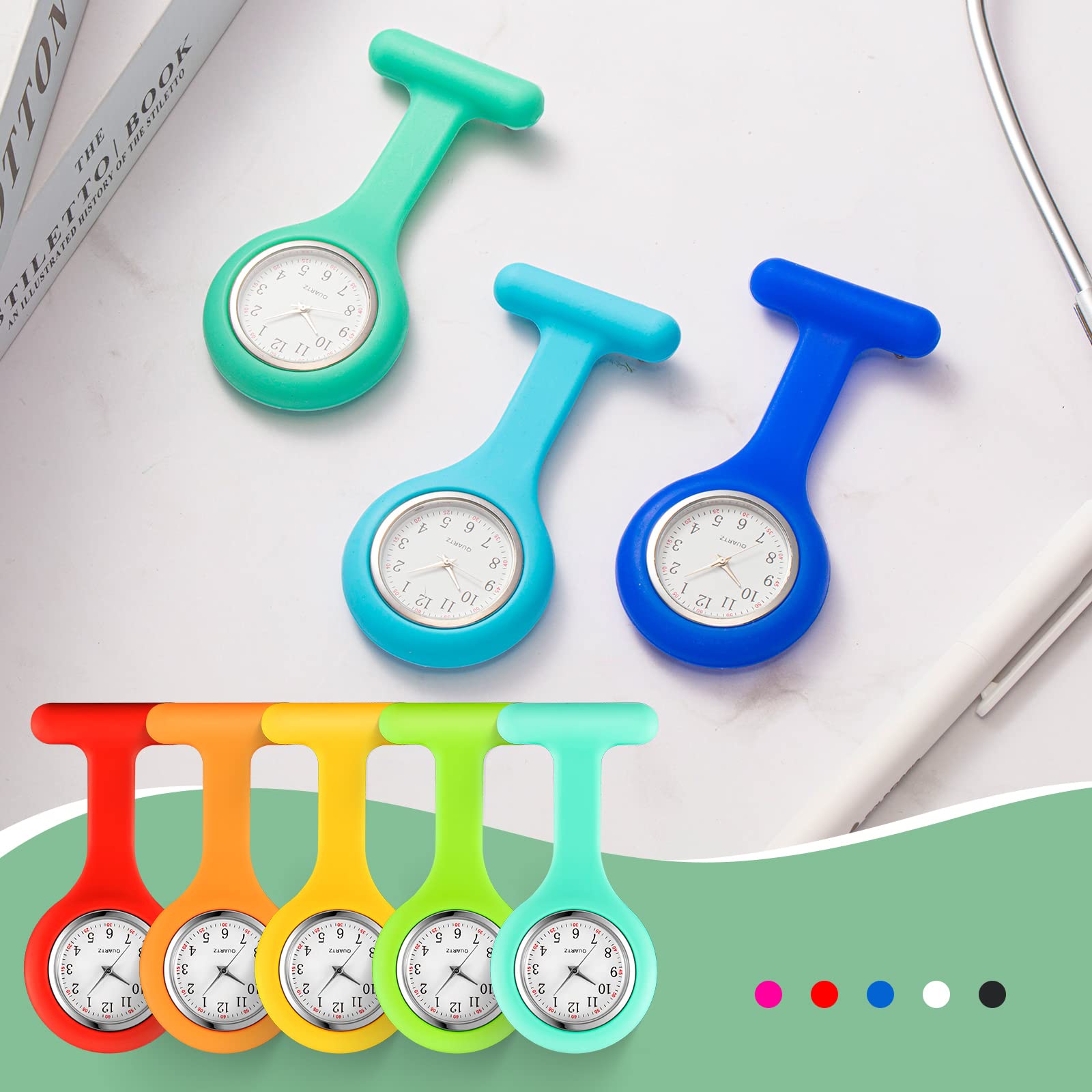 15 Pcs Silicone Nurses Watch Lapel Clip on Watches Stethoscope Nurse Pocket for Men Nursing Fob with Second Hand Doctor Students Graduation Gifts Office Travelling Hiking, 15 Colors