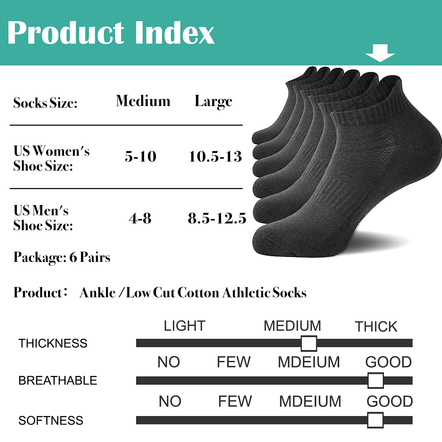 NevEND 6 Pairs Women's and Men's Cotton Cushioned Ankle Socks Running Low Cut Tab Socks M Black