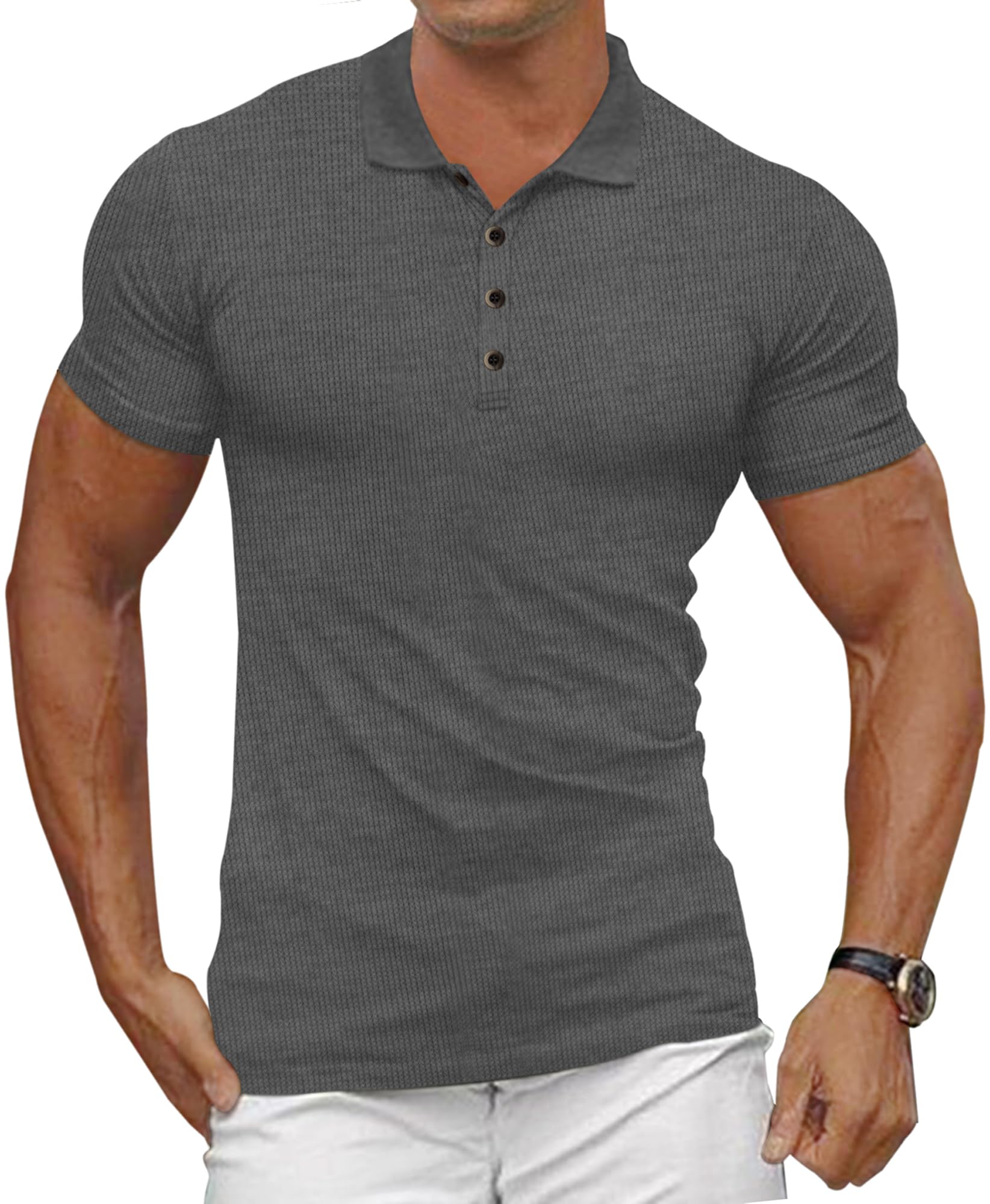 Gnvviwl Mens Waffle Knit Polo Shirts Short Sleeve Slim Fit Golf Casual Tee Shirts Grey