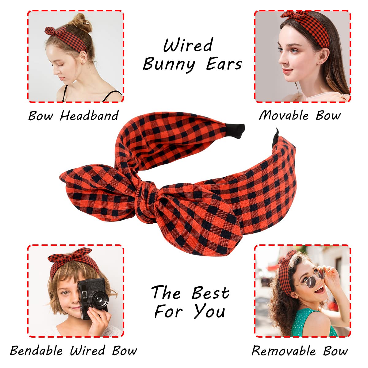 TOBATOBA 6Pcs Plaid Headbands with Bow, Wide Headband, Christmas Headband Hair Accessories for Women Girls, Bunny Ears Headbands, Hairband