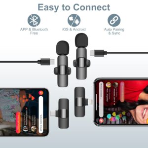 Wireless Microphone for iPhone iPad Android, (2 Mics & 2 Receivers) Plug-Play Wireless Lavalier Microphone for Video Recording, Auto-Sync Clip On Lapel Mic for Youtube/Facebook/TikTok/Interview/Vlog