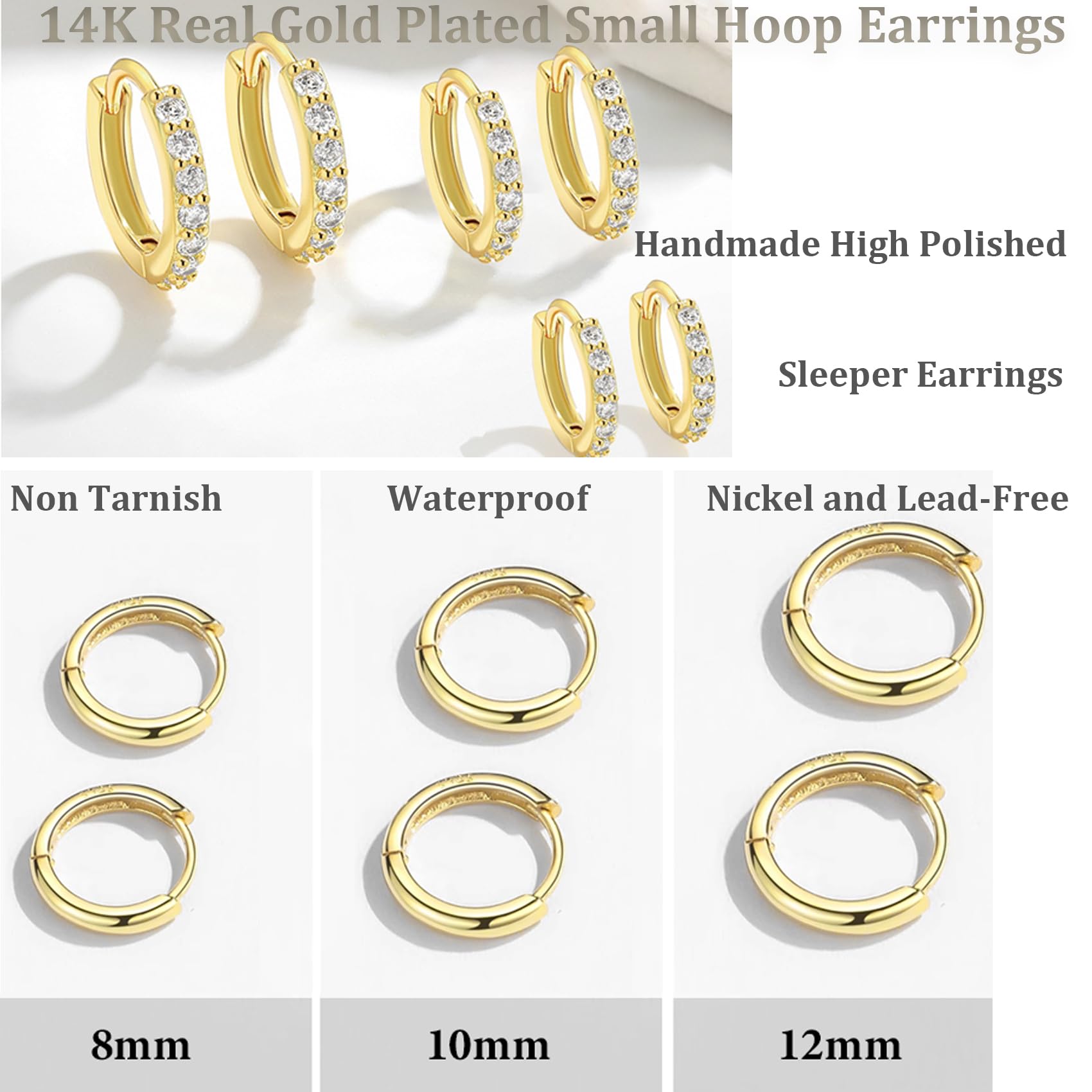 Cocadant Small Gold Hoop Earrings for Women,14K Real Gold Plated Huggie Hoop Earrings Hypoallergenic Tiny Cartilage Earring Sets for Multiple Piercing 8mm 10mm 12mm