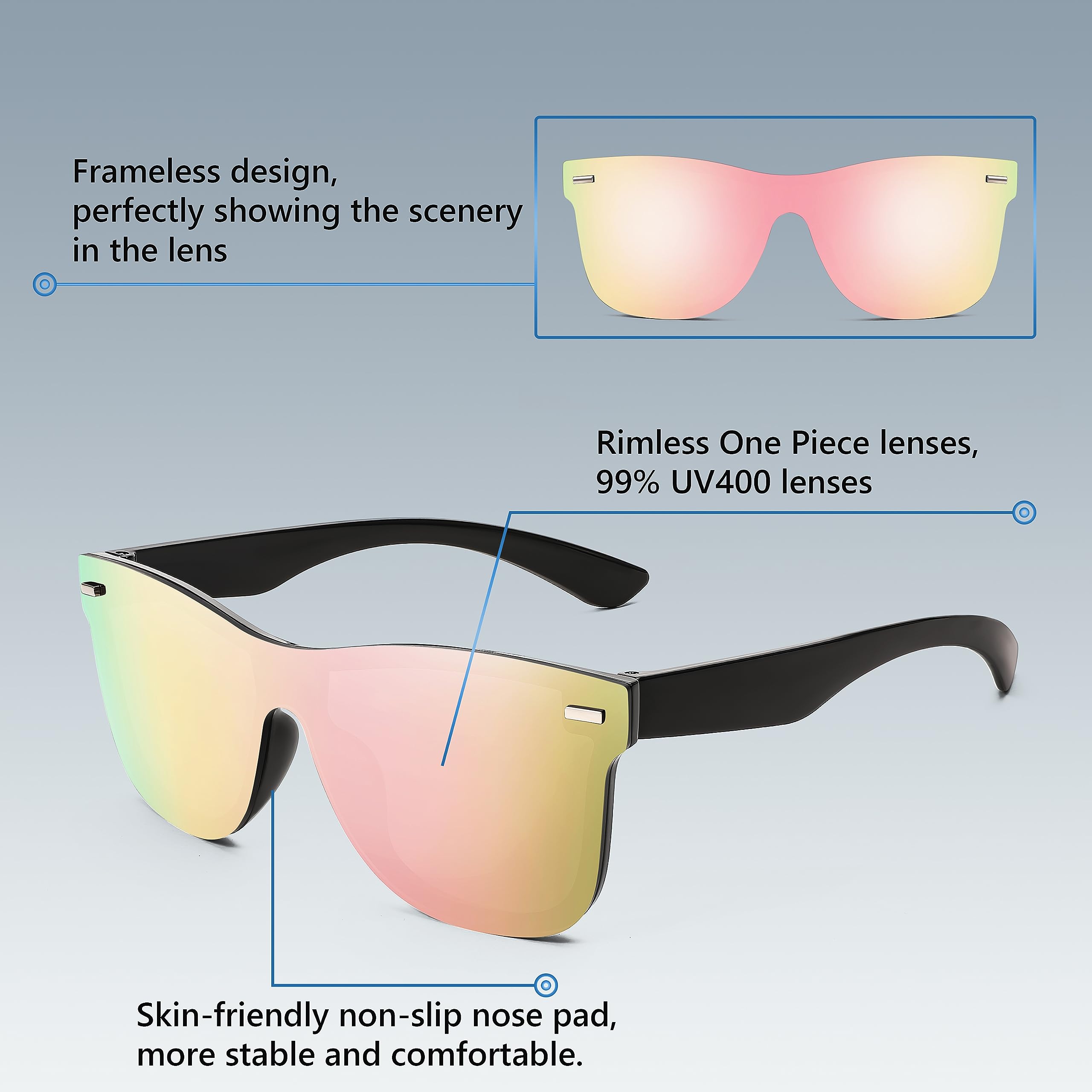 FEISEDY Sunglasses, Rimless Mirrored Sun Glasses with Reflective One-Piece Lens, B4114