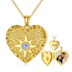 SOULMEET 10K 14K 18K Solid Gold/Plated Gold Pink Opal Starburst Locket Necklace That Holds Picture, You Light Up My Life Gold Locket Personalized Letters Engraved (Custom Photo & Text)