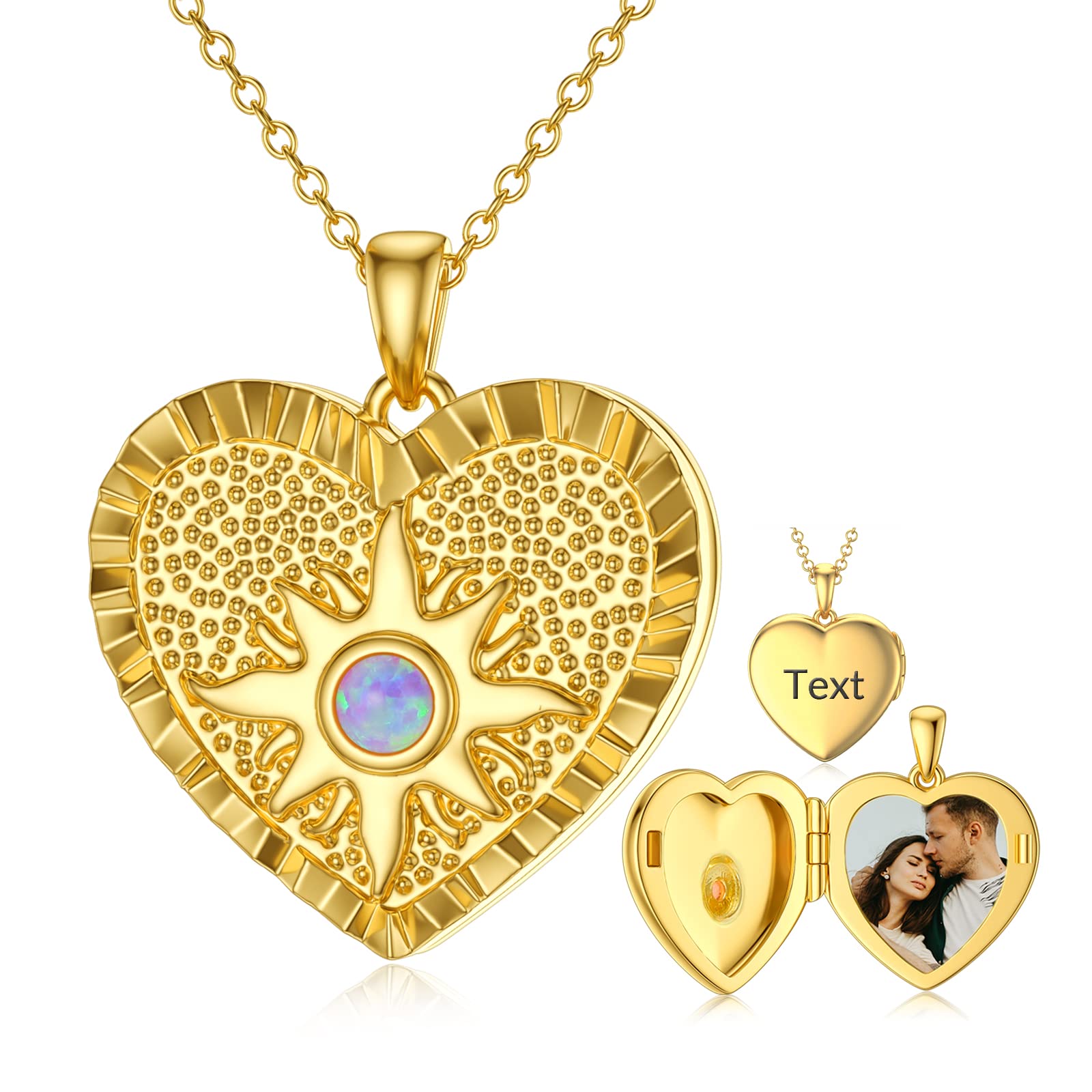 SOULMEET 10K 14K 18K Solid Gold/Plated Gold Pink Opal Starburst Locket Necklace That Holds Picture, You Light Up My Life Gold Locket Personalized Letters Engraved (Custom Photo & Text)