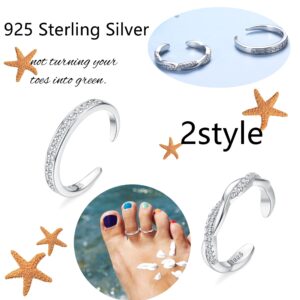 FIASASO 2 Pcs Sterling Silver Toe Rings for Women Adjustable Band Toe Rings Summer Beach Open Toe Ring Foot Jewelry Set Silver