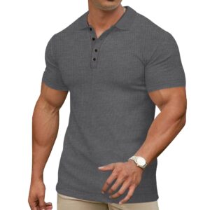 Gnvviwl Mens Waffle Knit Polo Shirts Short Sleeve Slim Fit Golf Casual Tee Shirts Grey