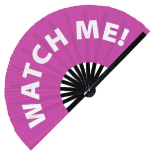 watch me! hand fan foldable bamboo circuit hand fan funny gag slang words expressions statement gifts festival accessories rave handheld circuit event fan clack fans (pink)