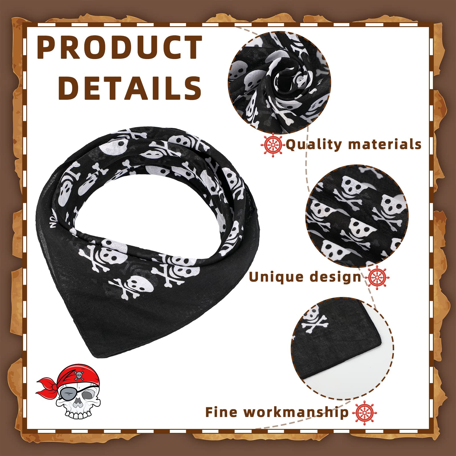 Jetec 4 Pcs Pirate Bandana for Men Cotton Squares Headwraps Pirate Skull Scarf Soft Lightweight Neckerchiefs Handkerchief(Fire Skull)