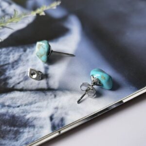 Turquoise Stud Earrings for Women, Tibetan Tiny Blue Raw Gemstone Earrings with Stainless Steel Stud for Friends, Boho Western Turquoise Jewelry Hypoallergenic Earrings for Women Sensitive Ears