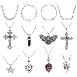 FIASASO 12Pcs Grunge Goth Necklace Set for Women Teen Cool Y2k Grunge Jewelry Gothic Cross Evil Eye Butterfly Crystal Angel Heart Wing Chain Choker Necklace Y2k Accessories silver